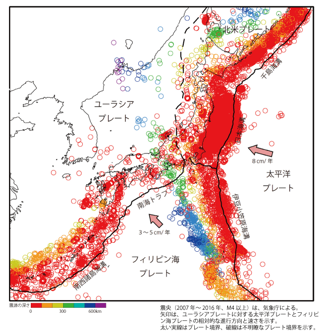 日本付近の震源の深さ分布図